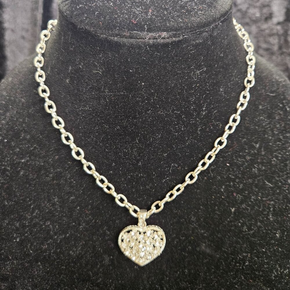 George singed silver toned 8" necklace with rhinestone heart pendant